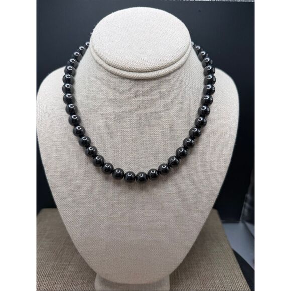 Classic Black Glass Bead Necklace with Sterling Silver Clasp - Picture 1 of 8